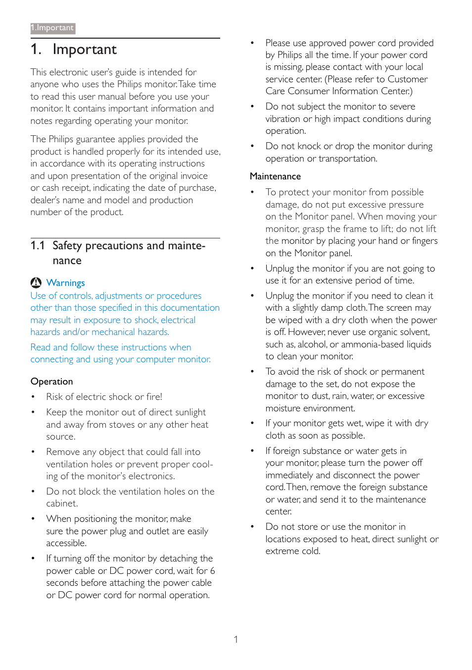 Important, 1 safety precautions and mainte- nance | Philips 273P3PHES-00 User Manual | Page 3 / 55