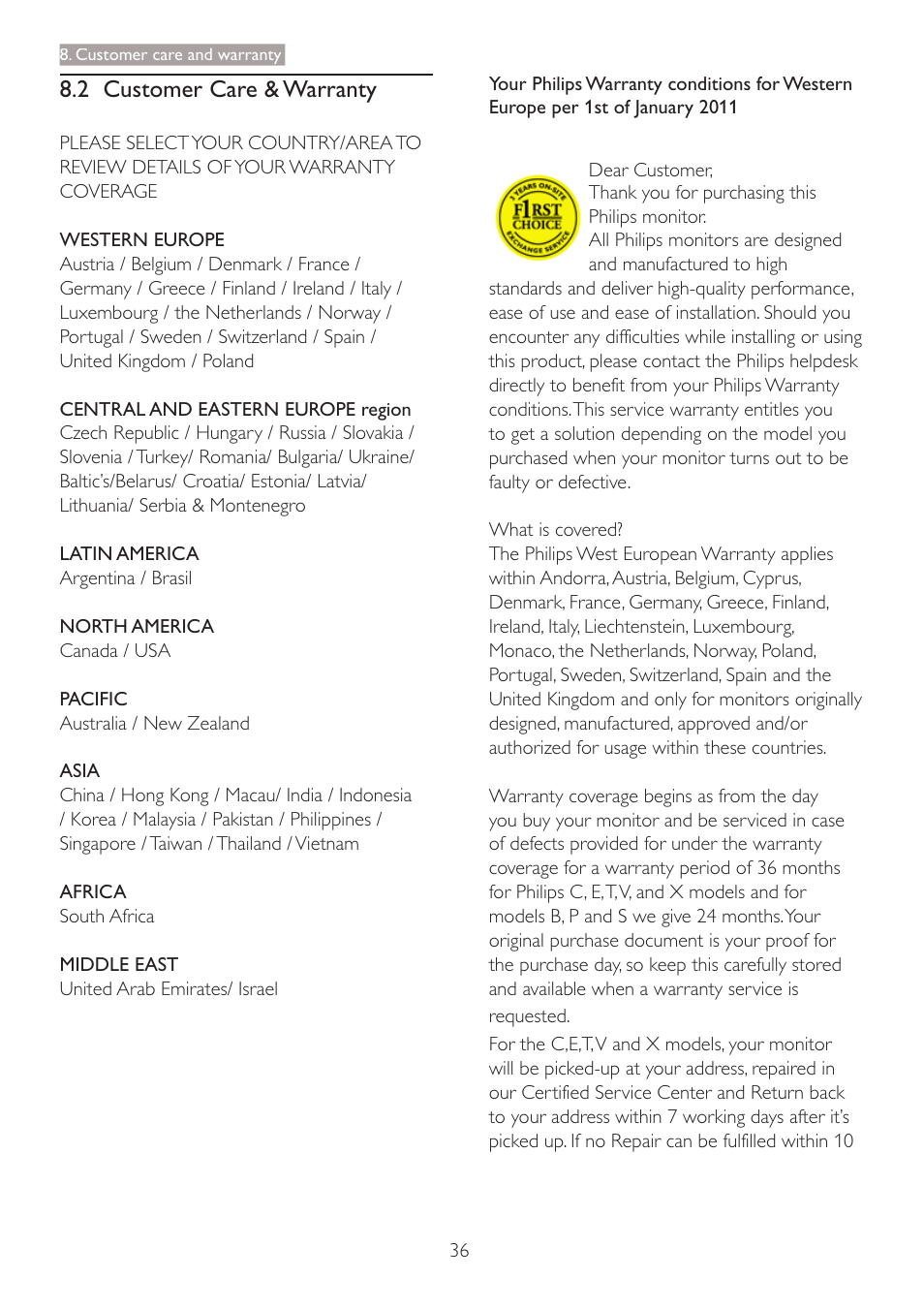 2 customer care & warranty | Philips 273P3PHES-00 User Manual | Page 38 / 55