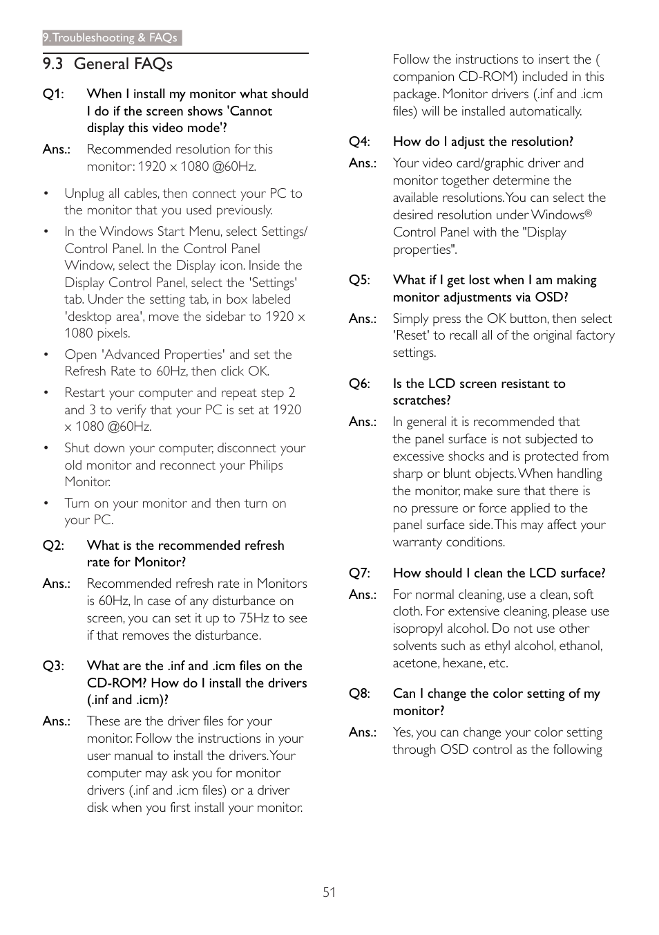 3 general faqs | Philips 273P3PHES-00 User Manual | Page 53 / 55