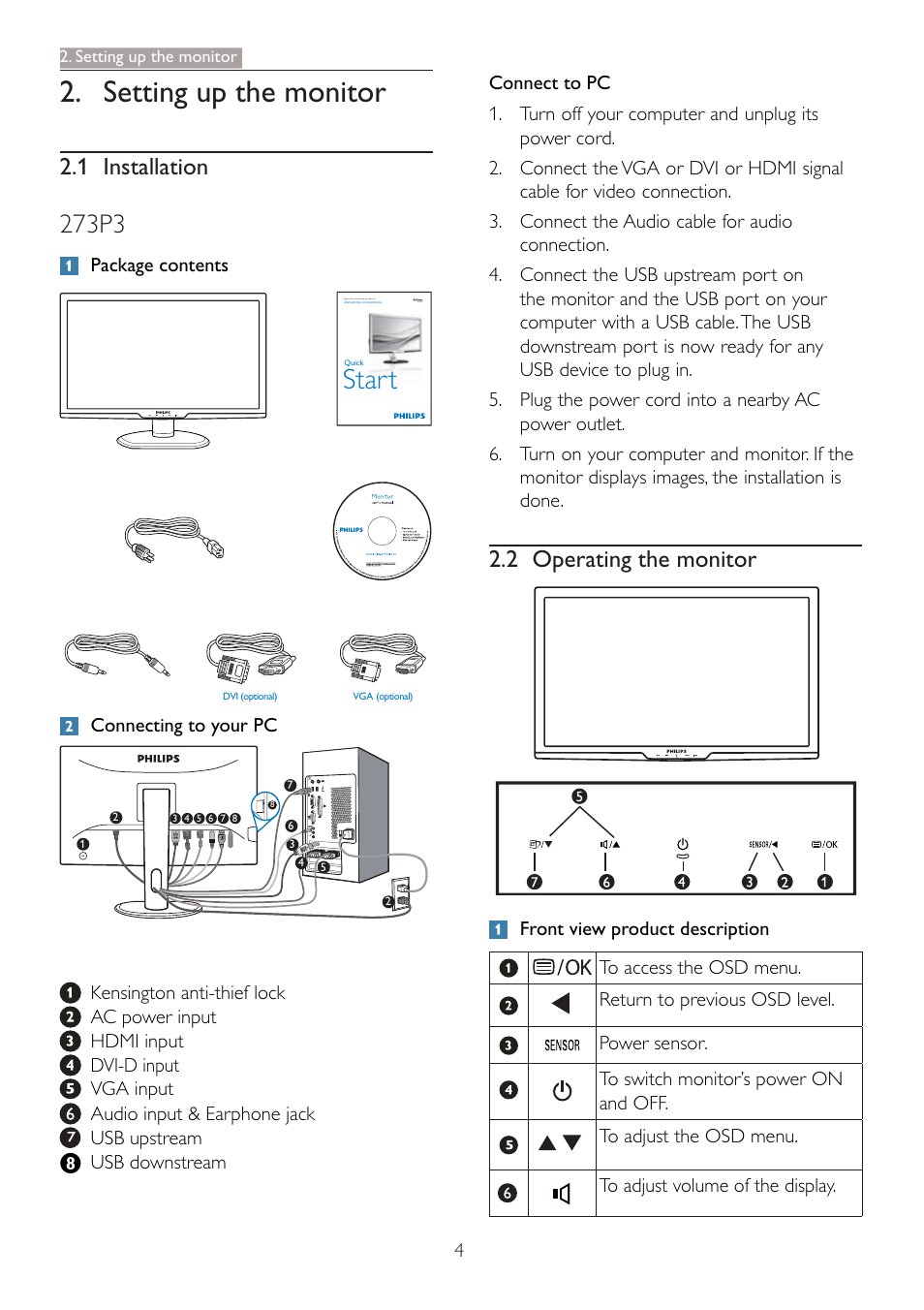 Setting up the monitor, Start, 273p3 | 2 operating the monitor, 1 installation | Philips 273P3PHES-00 User Manual | Page 6 / 55