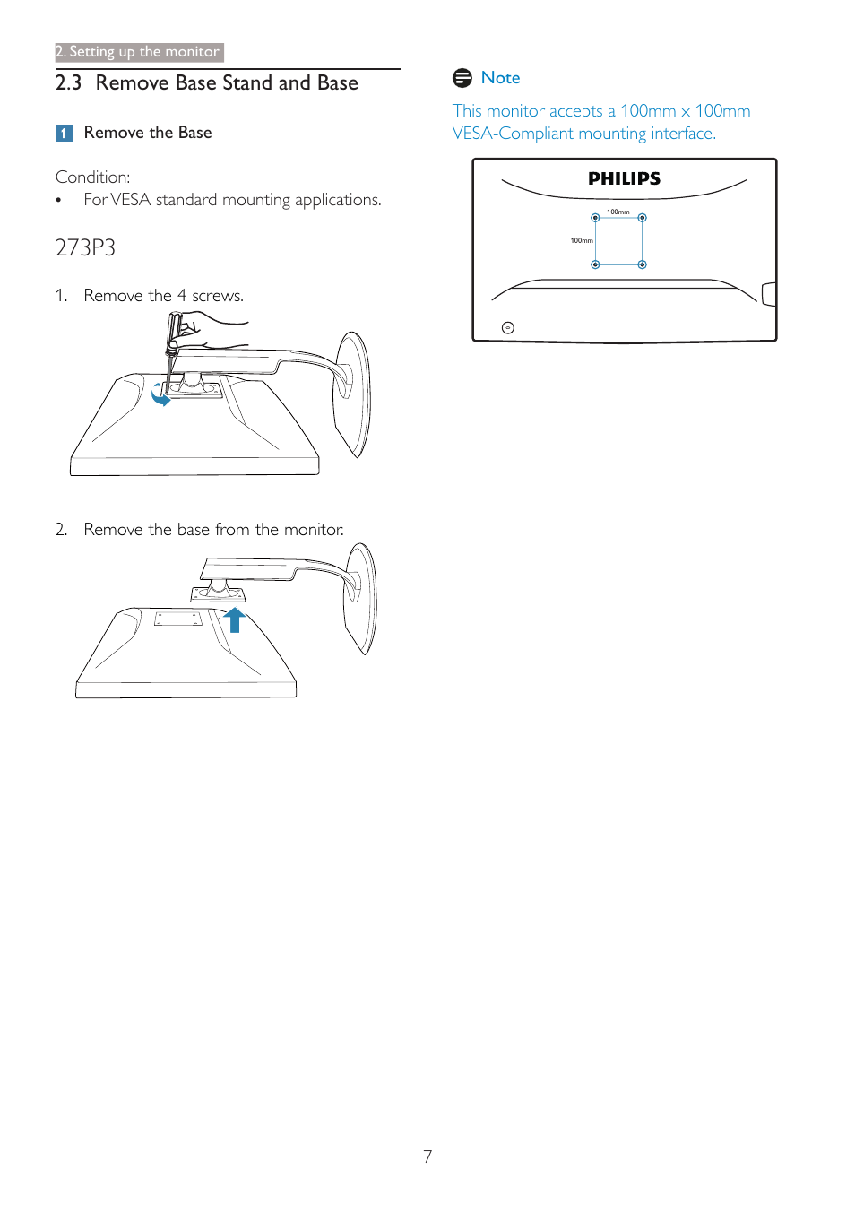 273p3, 3 remove base stand and base | Philips 273P3PHES-00 User Manual | Page 9 / 55