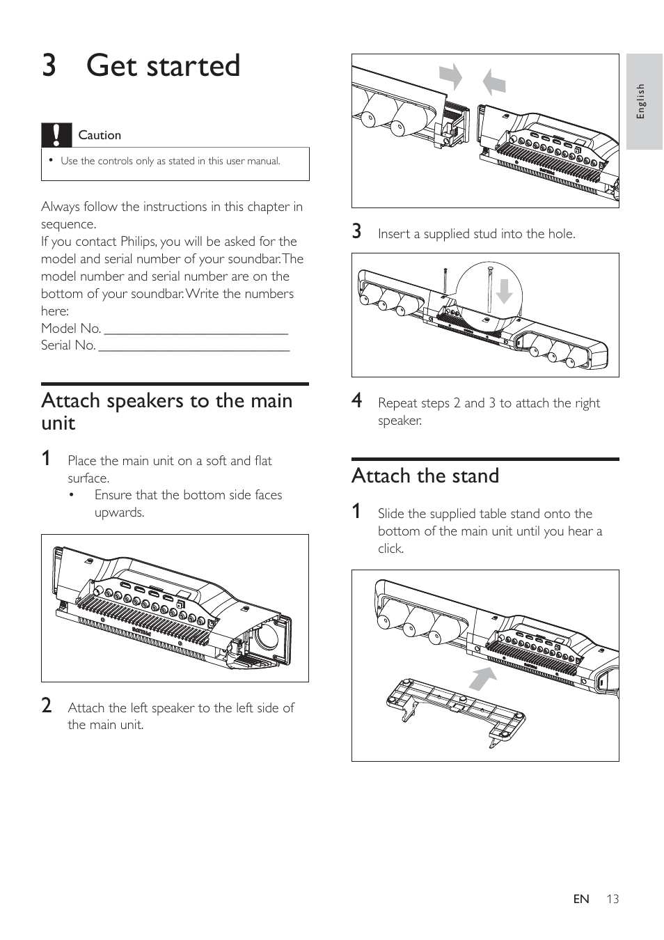 3 get started, Attach the stand 1, Attach speakers to the main unit 1 | Philips Micro Hi-Fi System User Manual | Page 13 / 31