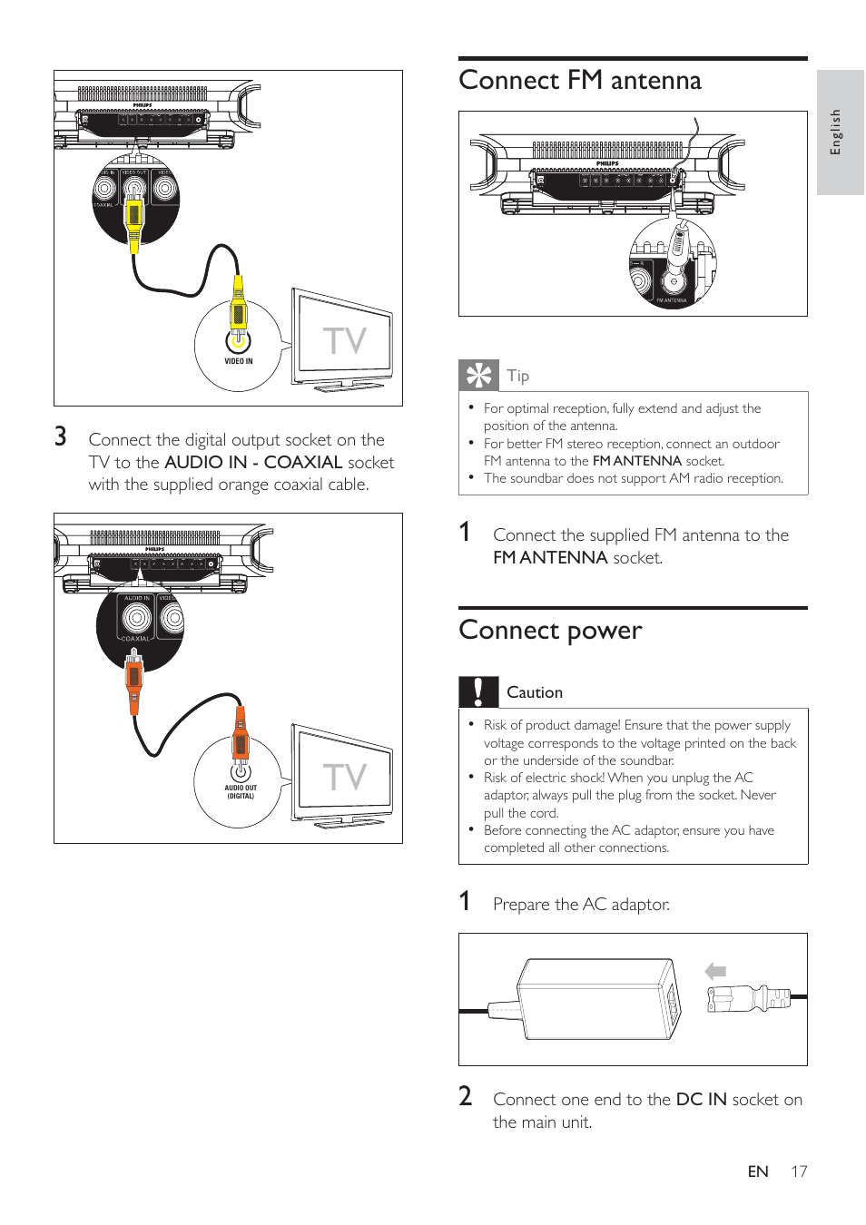 Connect fm antenna, Connect power | Philips Micro Hi-Fi System User Manual | Page 17 / 31