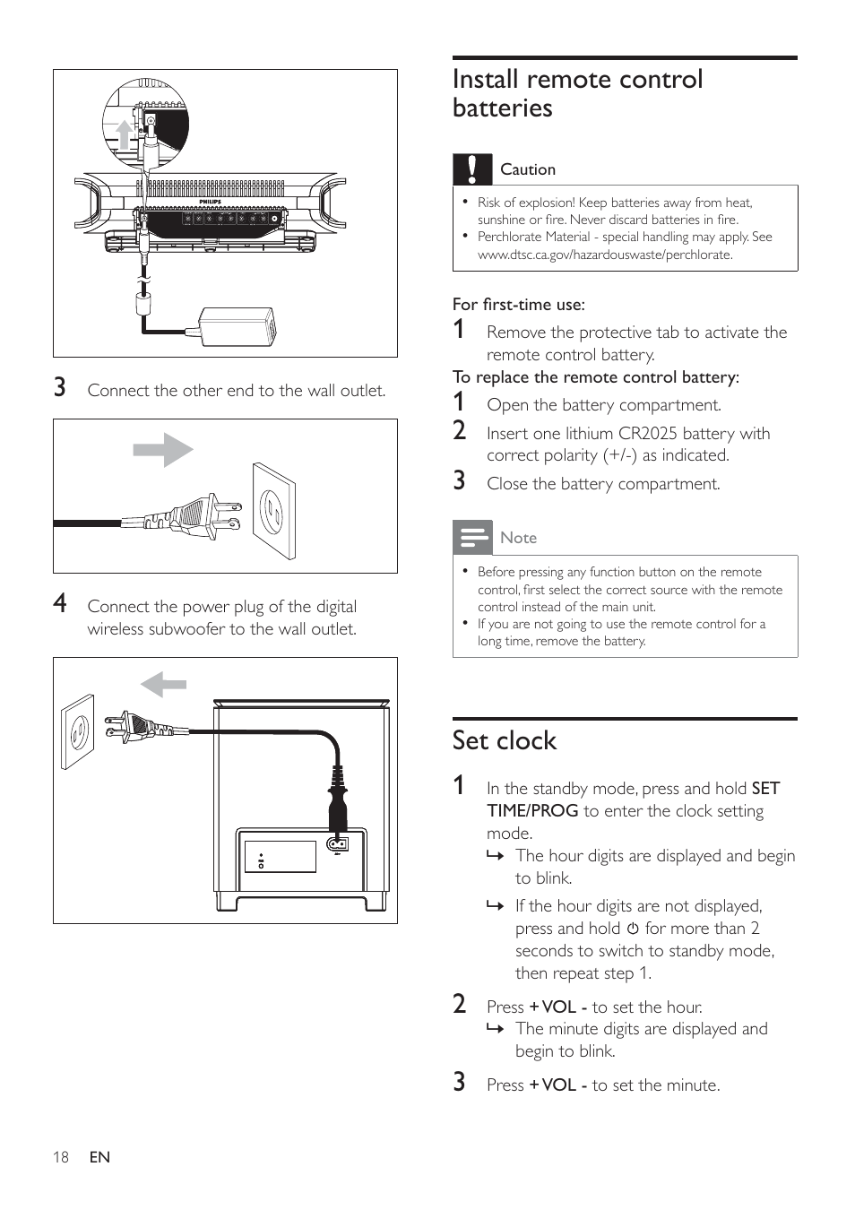 Install remote control batteries, Set clock 1 | Philips Micro Hi-Fi System User Manual | Page 18 / 31