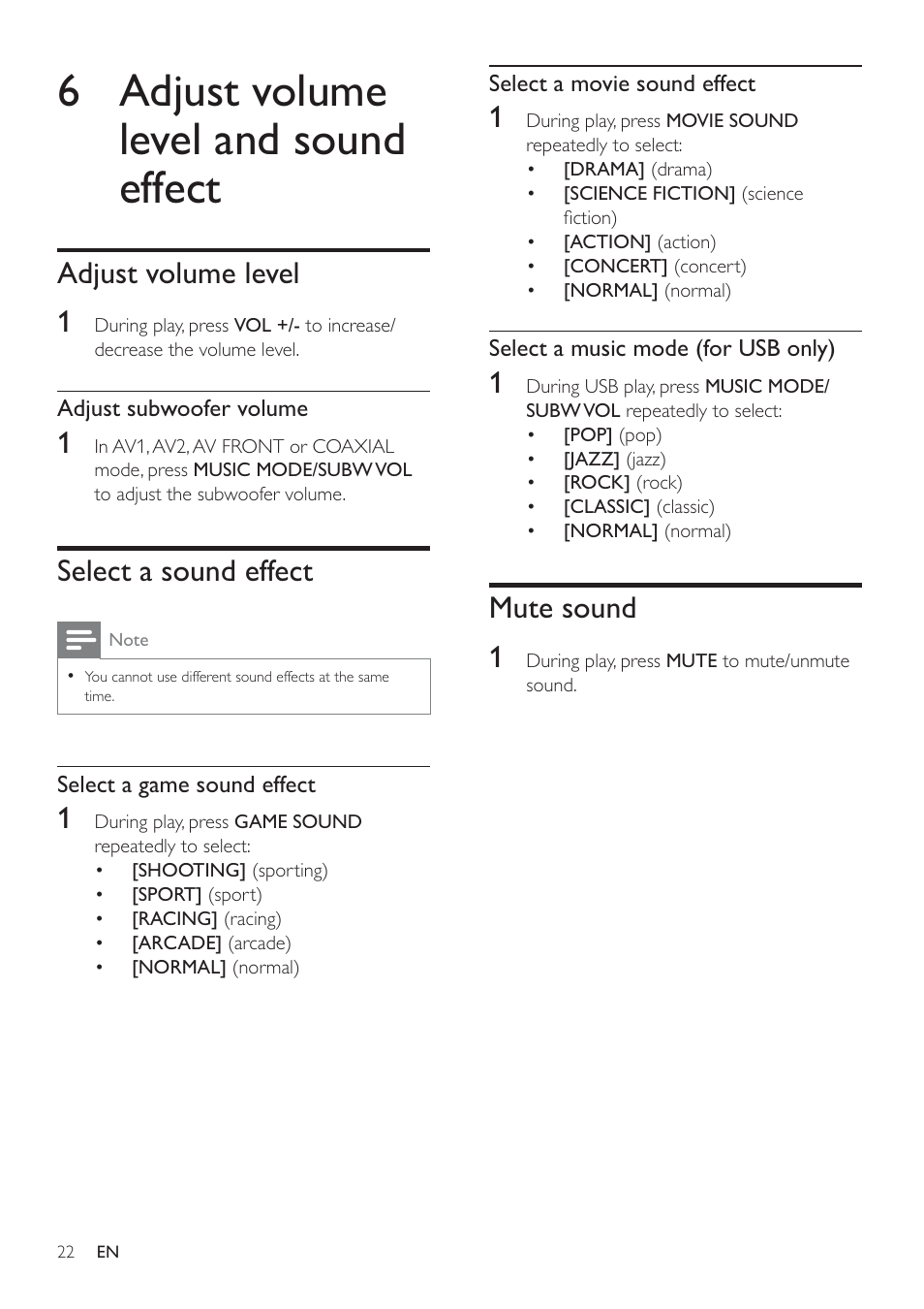 6 adjust volume level and sound effect, Mute sound 1, Adjust volume level 1 | Select a sound effect | Philips Micro Hi-Fi System User Manual | Page 22 / 31