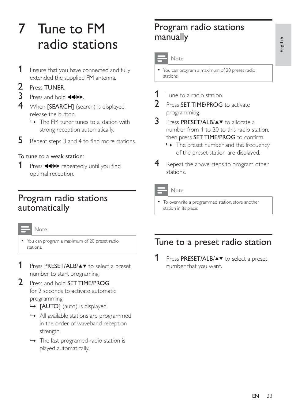 7 tune to fm radio stations, Program radio stations manually, Tune to a preset radio station 1 | Program radio stations automatically | Philips Micro Hi-Fi System User Manual | Page 23 / 31