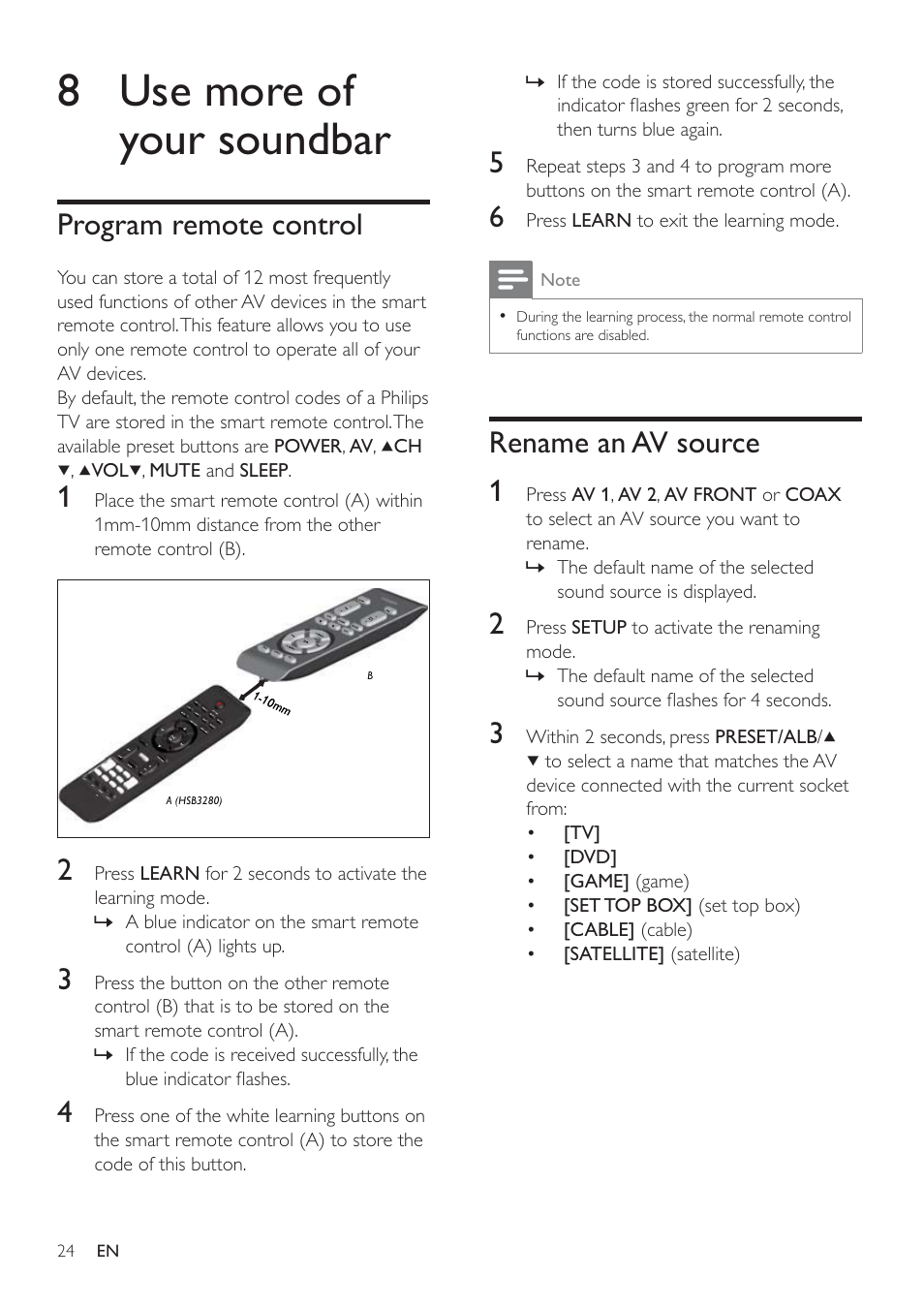 8 use more of your soundbar, Rename an av source 1, Program remote control | Philips Micro Hi-Fi System User Manual | Page 24 / 31