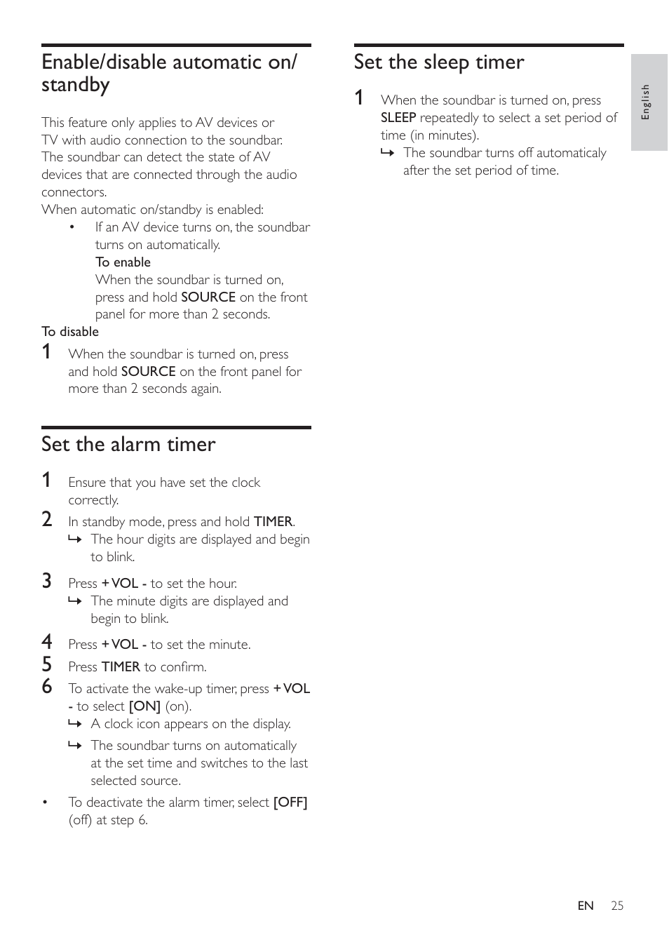 Set the sleep timer 1, Enable/disable automatic on/ standby, Set the alarm timer 1 | Philips Micro Hi-Fi System User Manual | Page 25 / 31