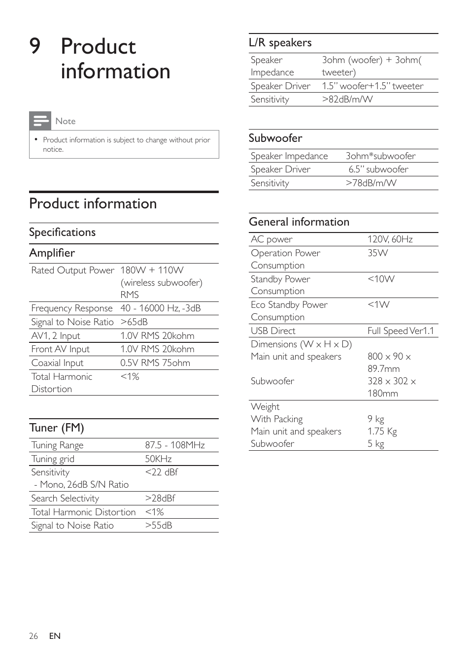 9 product information, Product information | Philips Micro Hi-Fi System User Manual | Page 26 / 31