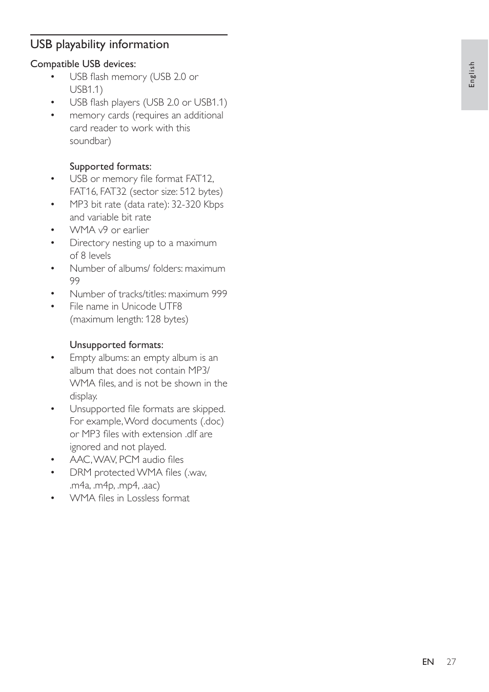 Usb playability information | Philips Micro Hi-Fi System User Manual | Page 27 / 31