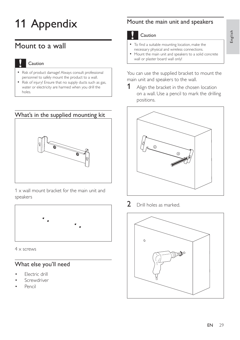 11 appendix, Mount to a wall | Philips Micro Hi-Fi System User Manual | Page 29 / 31