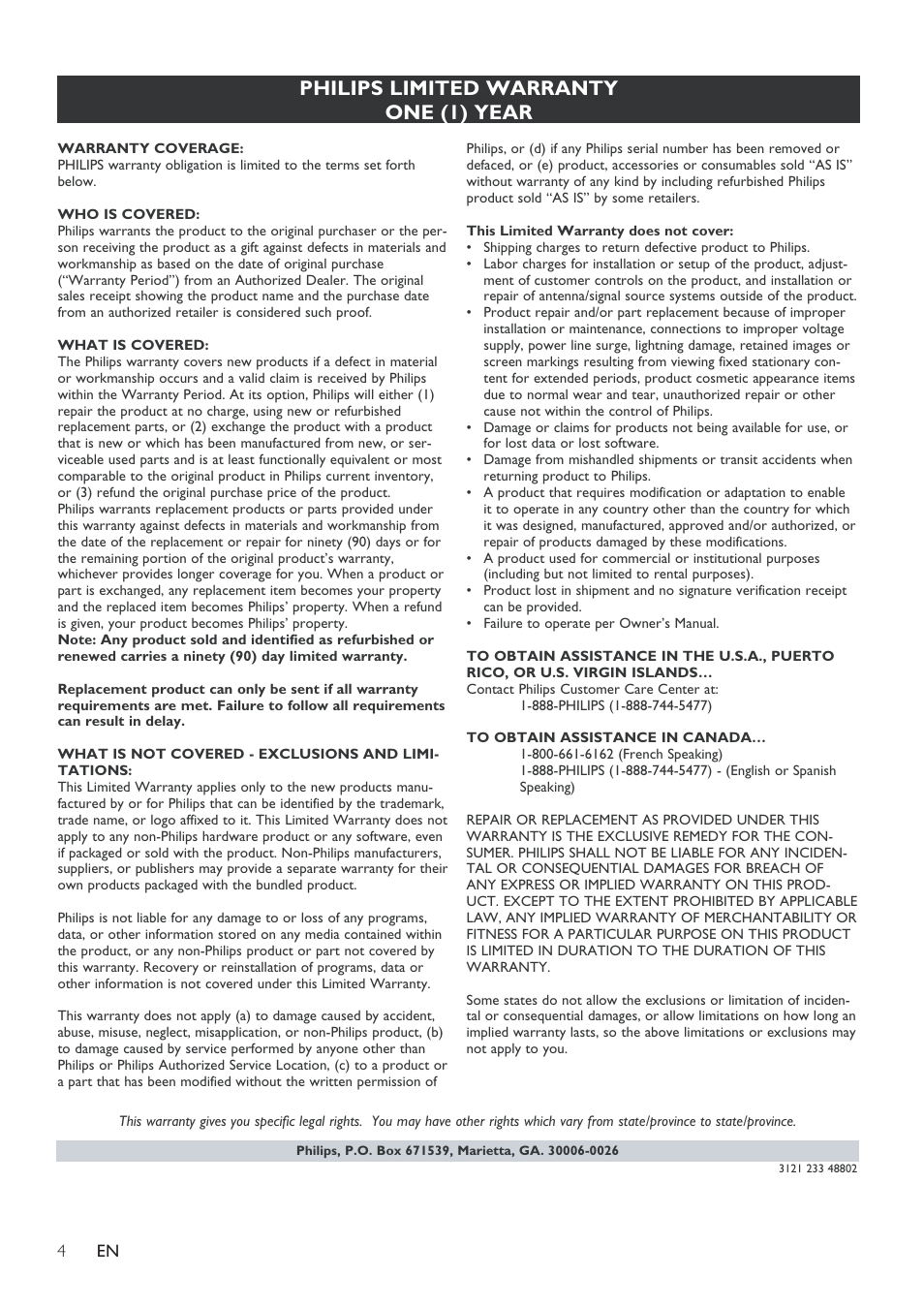 Philips limited warranty one (1) year | Philips Micro Hi-Fi System User Manual | Page 4 / 31