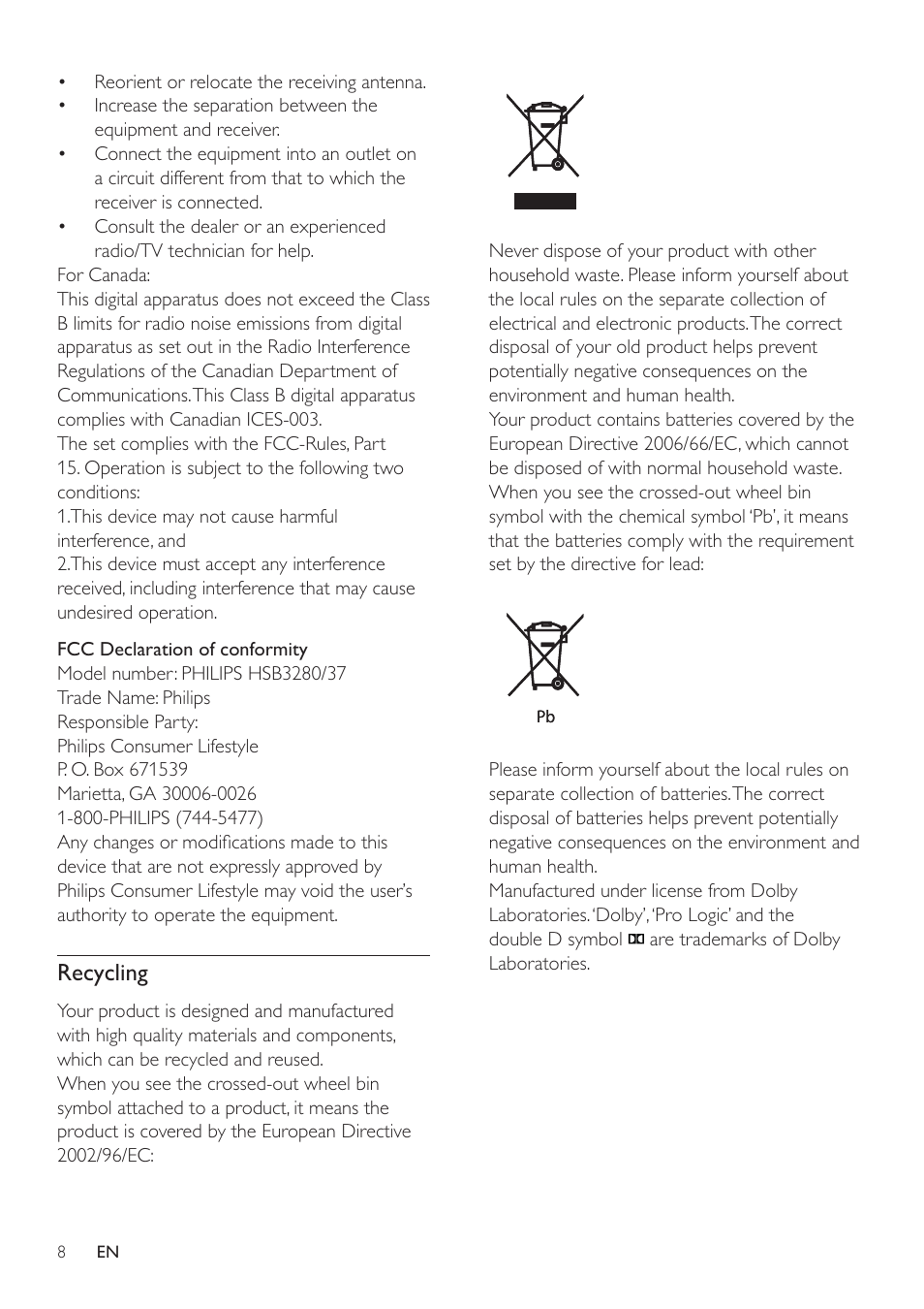 Recycling | Philips Micro Hi-Fi System User Manual | Page 8 / 31