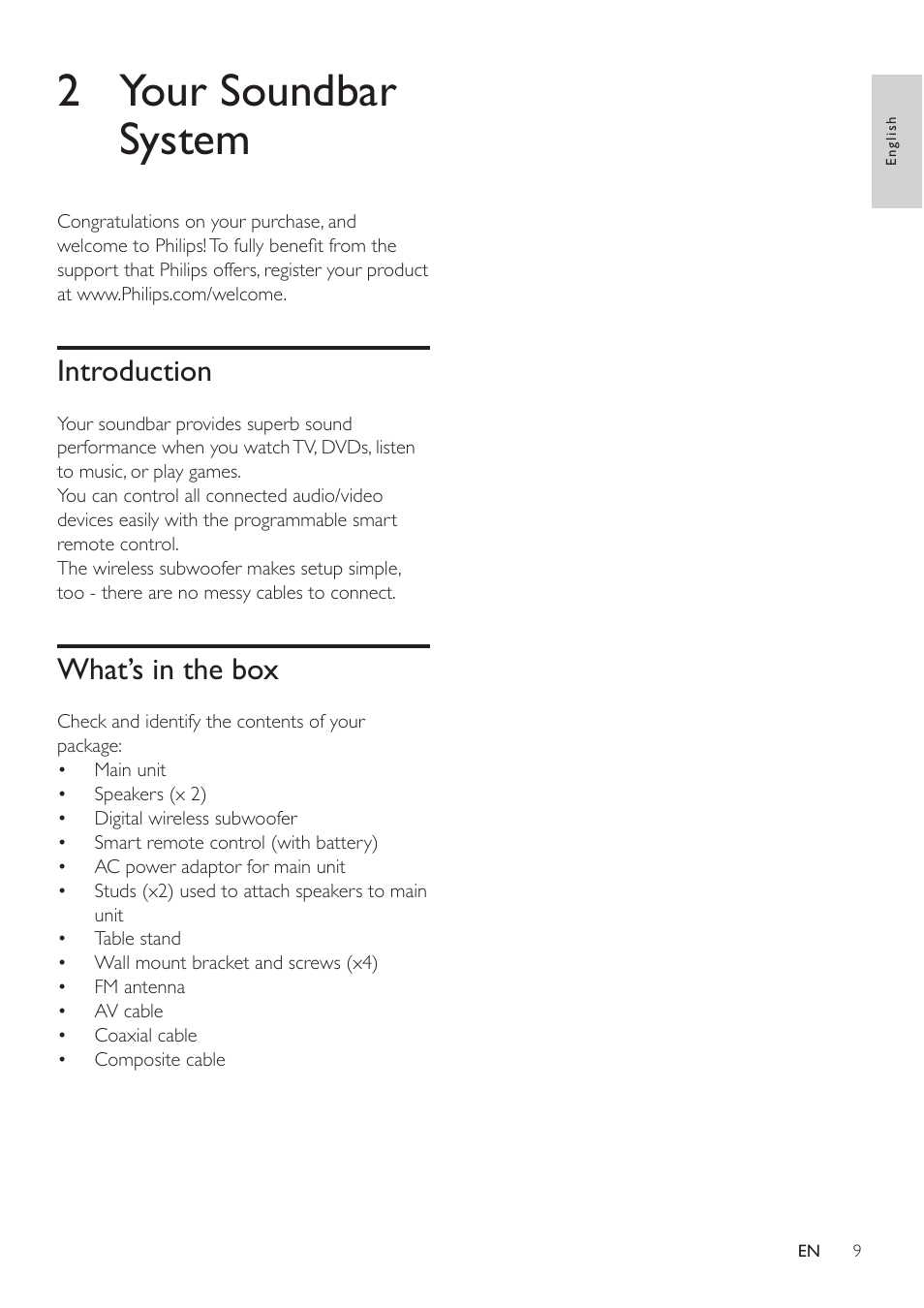 2 your soundbar system, Introduction, What’s in the box | Philips Micro Hi-Fi System User Manual | Page 9 / 31