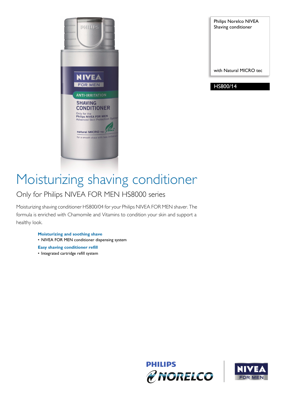 Philips Norelco NIVEA Shaving conditioner HS800-14 with Natural MICRO tec User Manual | 2 pages