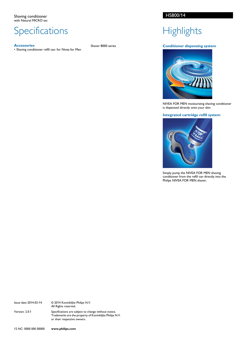 Specifications, Highlights | Philips Norelco NIVEA Shaving conditioner HS800-14 with Natural MICRO tec User Manual | Page 2 / 2