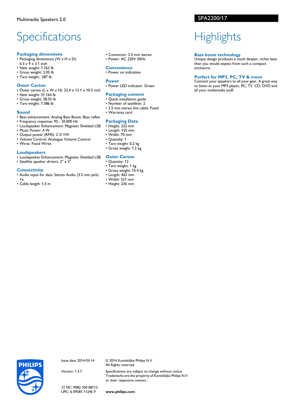 Specifications, Highlights | Philips SPA2200-17 User Manual | Page 2 / 2