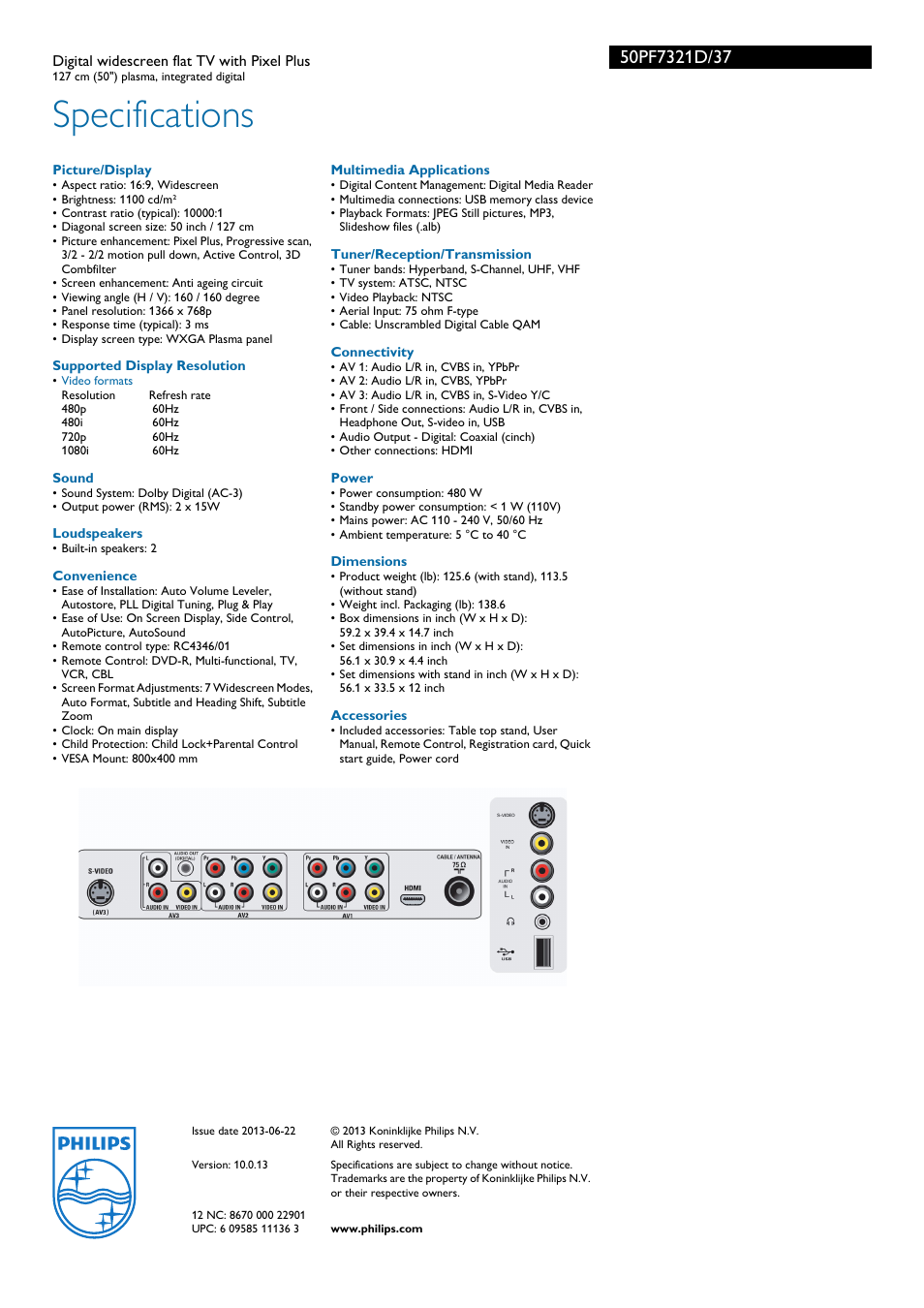 Specifications | Philips 50PF7321D-37 User Manual | Page 3 / 3