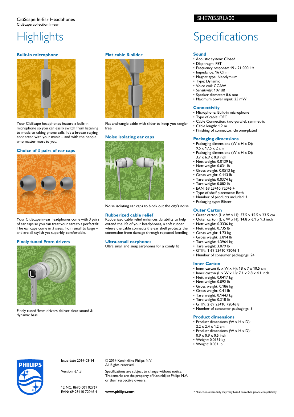 Highlights, Specifications | Philips SHE7055RU-00 User Manual | Page 2 / 2