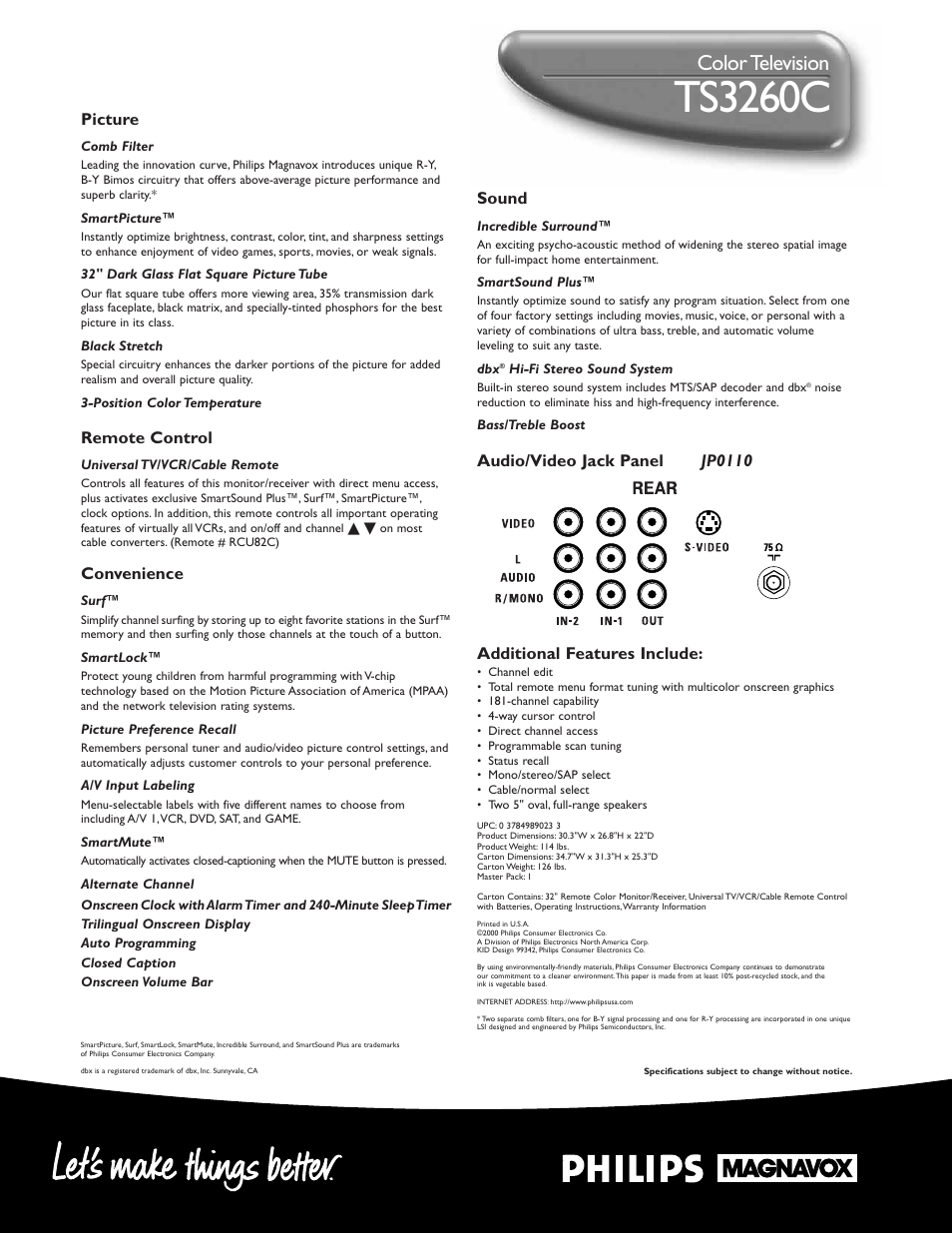 Ts3260c, Color television, Sound | Picture, Remote control, Convenience | Philips TS3260C User Manual | Page 2 / 2