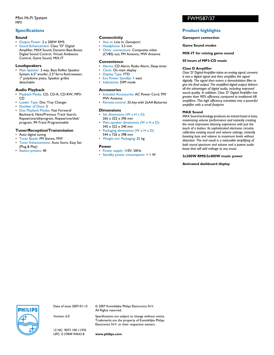 Philips FWM587-37 User Manual | Page 2 / 2