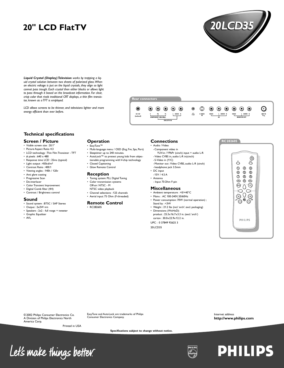 20lcd35, 20" lcd flattv, Technical specifications screen / picture | Sound, Operation, Reception, Remote control, Connections, Miscellaneous | Philips 20LCD35 User Manual | Page 2 / 2