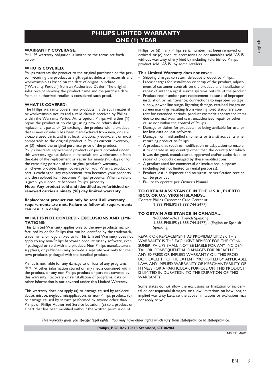 Philips limited warranty one (1) year | Philips DS8800W-37 User Manual | Page 3 / 25