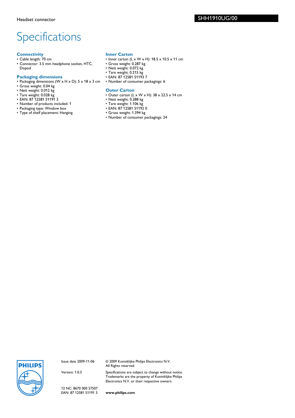 Specifications | Philips SHH1910UG-00 User Manual | Page 2 / 2