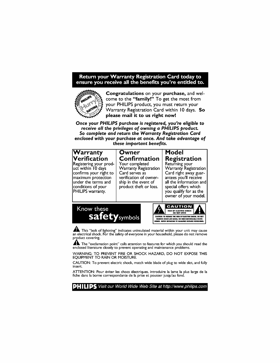 Warranty verification, Owner confirmation, Model registration | Philips, Know these, Sy m bo 1 s | Philips 27PT6442-37 User Manual | Page 2 / 42
