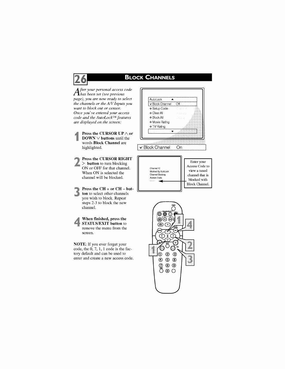 Block channels, V block channel on, Block all channels block channels | Lock, Hannels | Philips 27PT6442-37 User Manual | Page 30 / 42