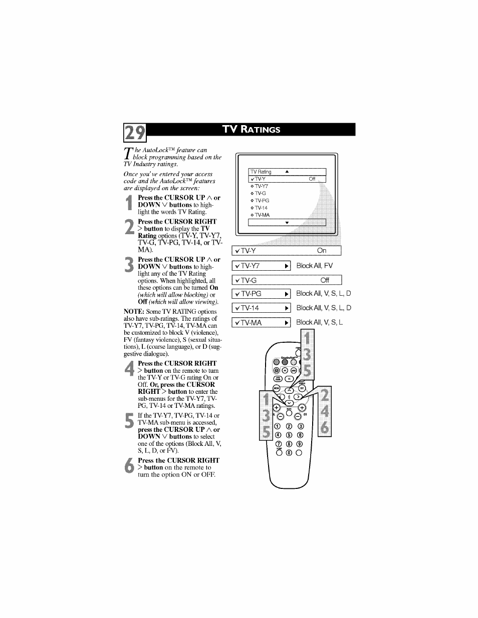 V-tv-y, Block ail, fv, V'tv-g | V tv-pg, V tv-14, Ytv-ma, Tv r | Philips 27PT6442-37 User Manual | Page 33 / 42