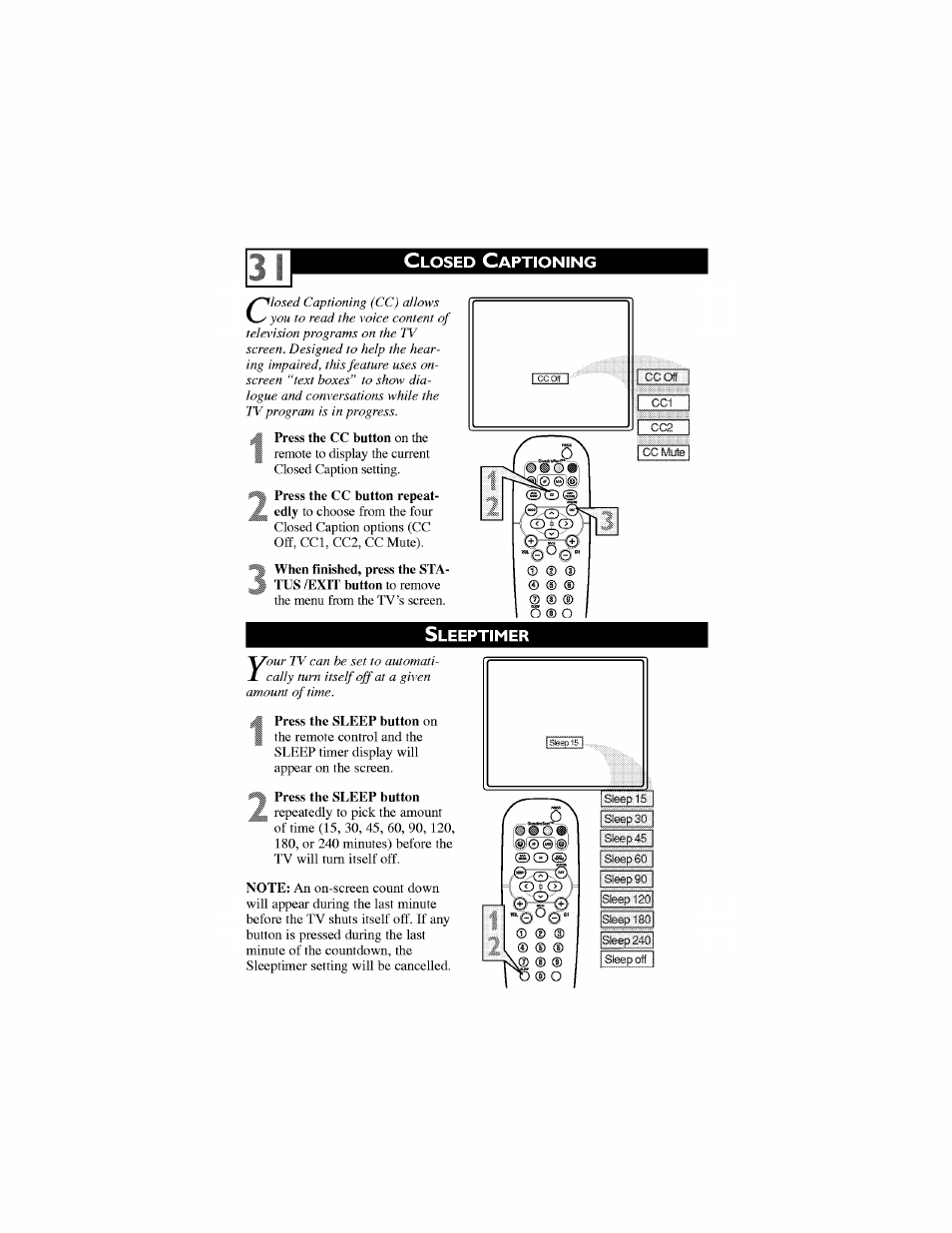 Closed captioning, Sleeptimer, Closed caption control | Philips 27PT6442-37 User Manual | Page 35 / 42