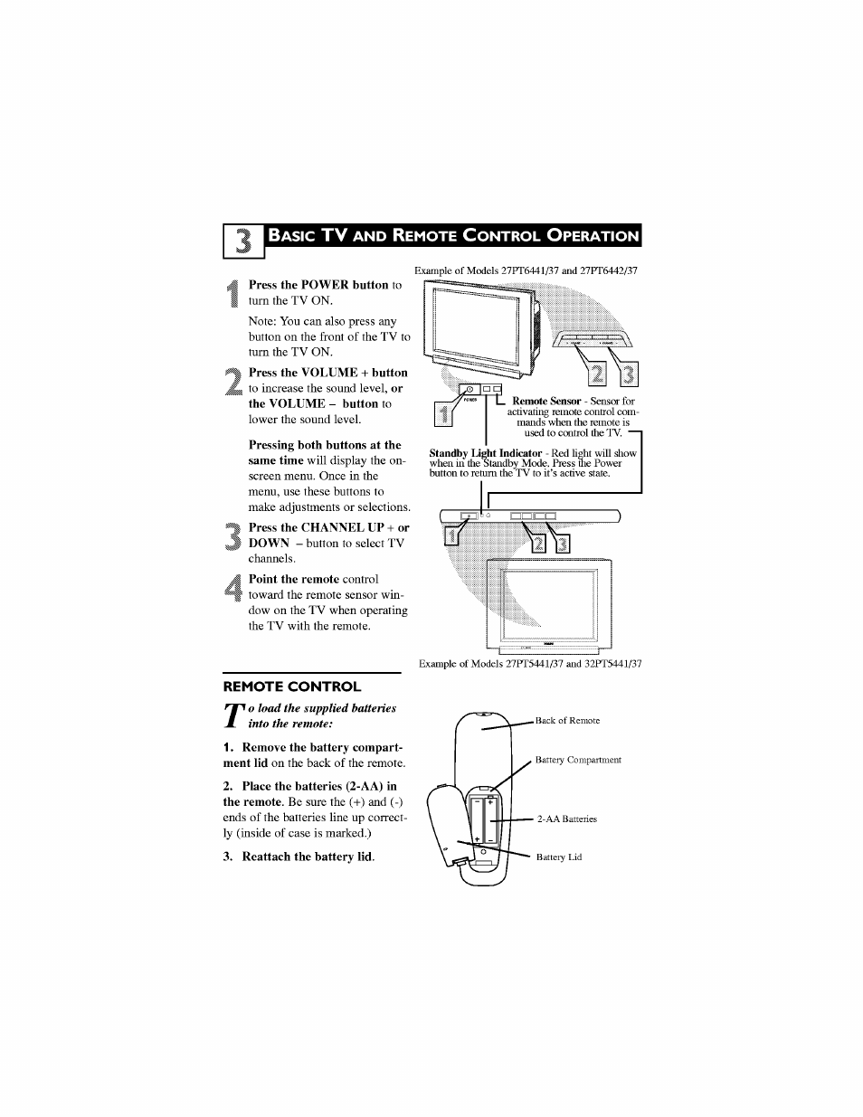 Basic tv and remote control operation | Philips 27PT6442-37 User Manual | Page 7 / 42