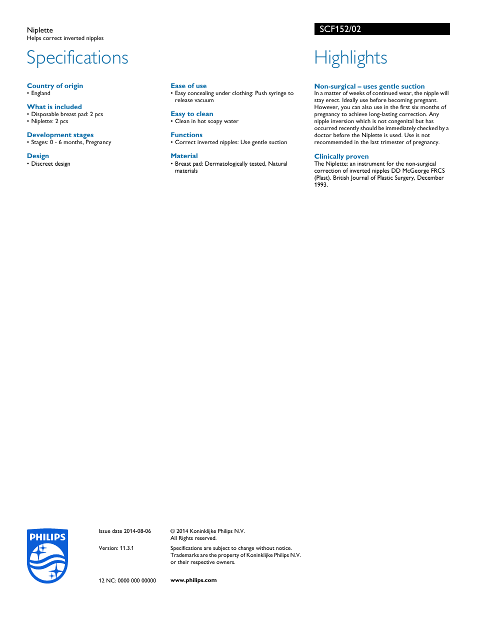 Specifications, Highlights | Philips SCF152-02 User Manual | Page 2 / 2