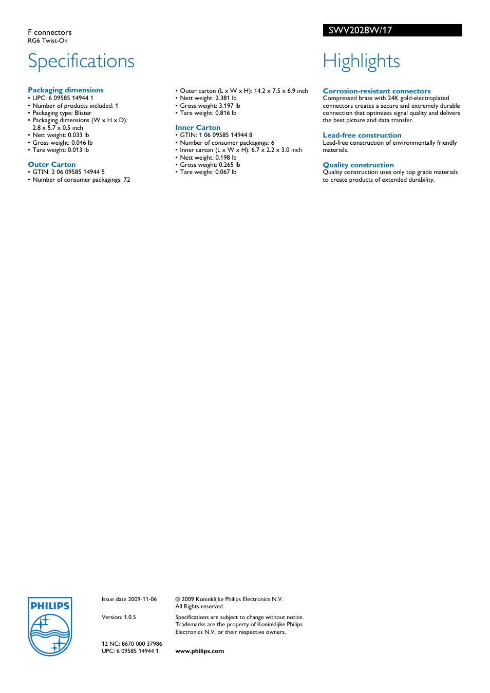 Specifications, Highlights | Philips SWV2028W-17 User Manual | Page 2 / 2