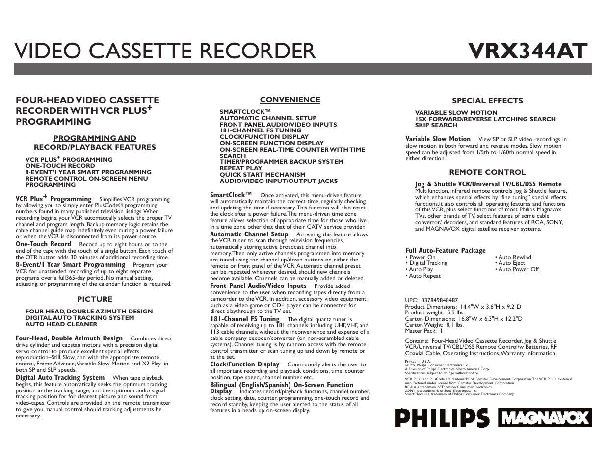 Video cassette recorder vrx344at | Philips VRX344AT User Manual | Page 2 / 2
