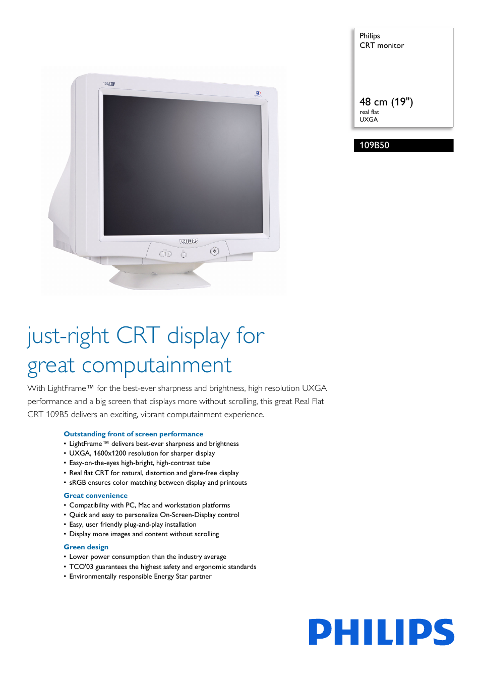 Philips 19" real flat UXGA CRT monitor User Manual | 2 pages