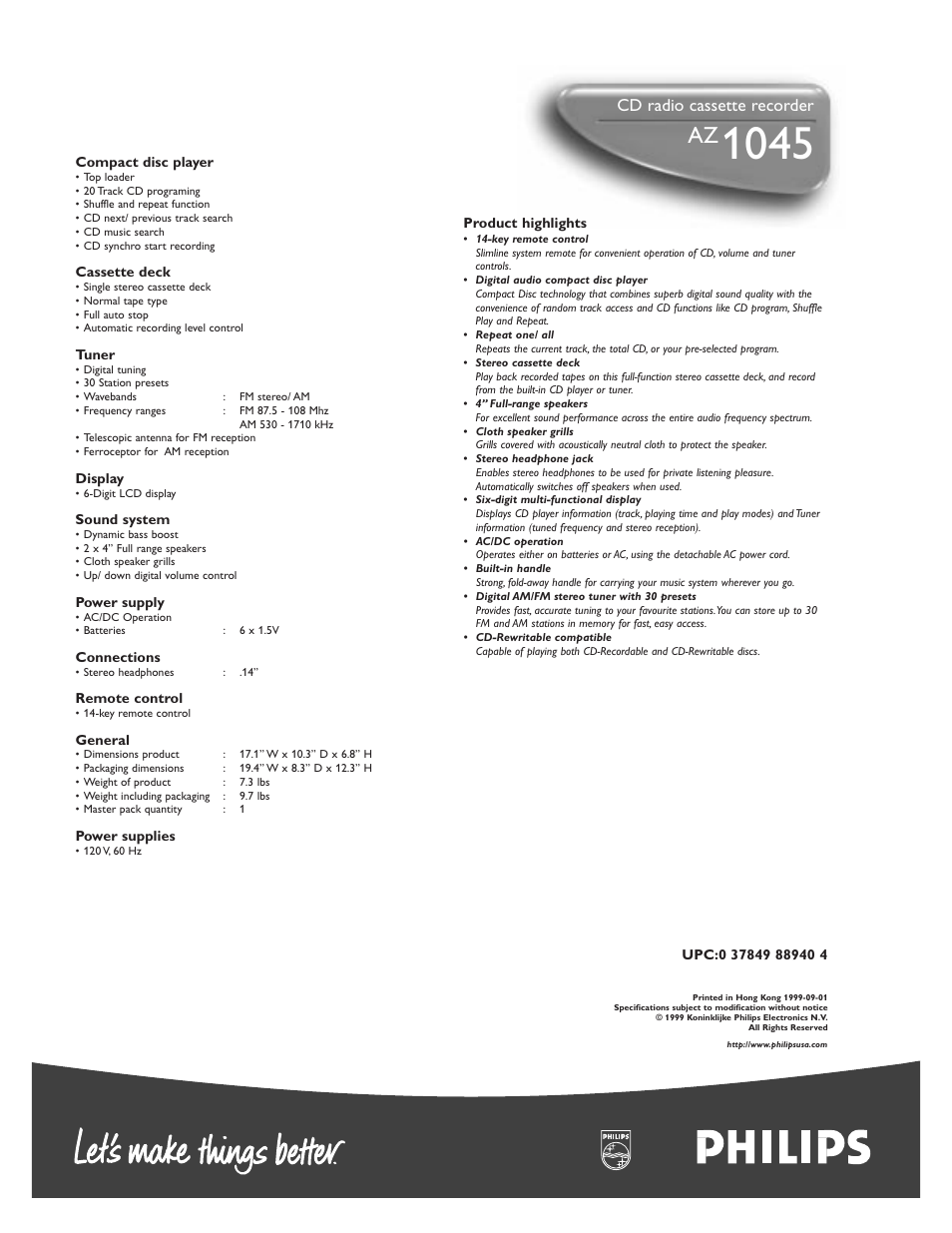 Cd radio cassette recorder | Philips AZ 1045 User Manual | Page 2 / 2