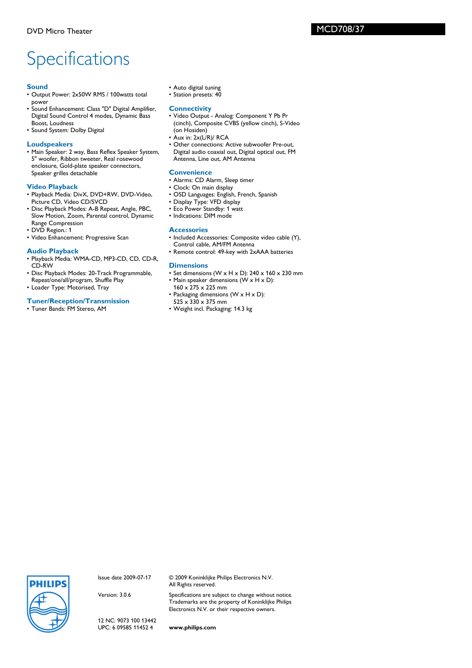 Specifications | Philips MCD708-37B User Manual | Page 3 / 3