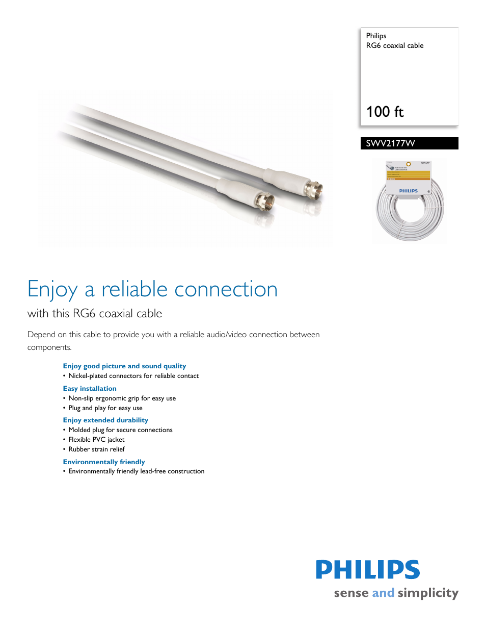 Philips RG6 coaxial cable SWV2177W 100 ft User Manual | 2 pages