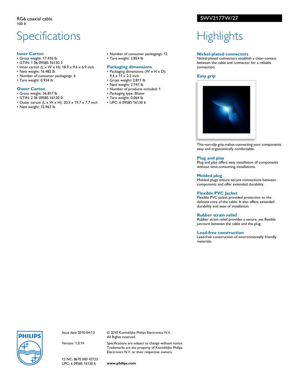 Specifications, Highlights | Philips RG6 coaxial cable SWV2177W 100 ft User Manual | Page 2 / 2