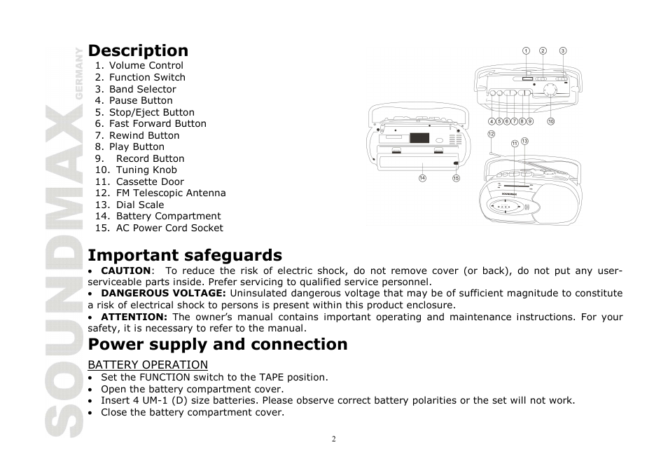 Description, Important safeguards, Power supply and connection | SoundMax SM-3111 User Manual | Page 2 / 11