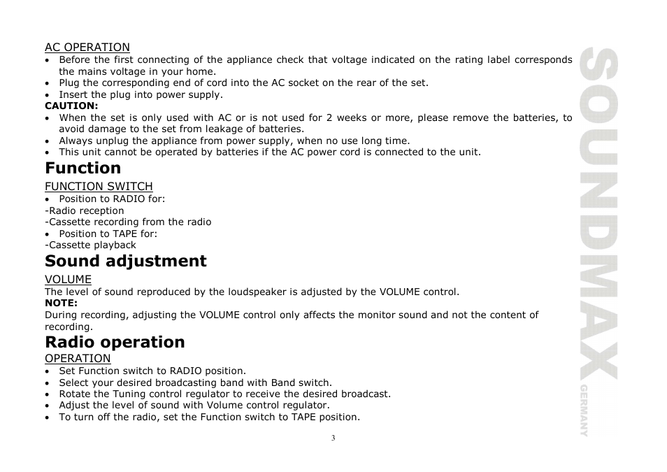 Function, Sound adjustment, Radio operation | SoundMax SM-3111 User Manual | Page 3 / 11