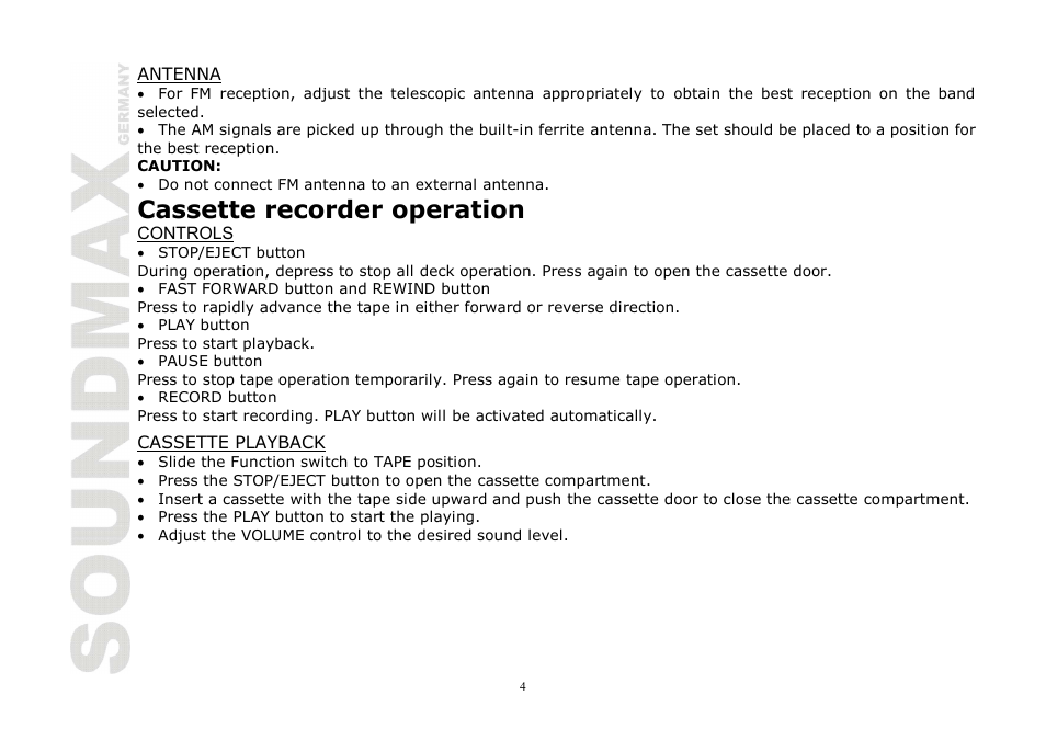 Cassette recorder operation | SoundMax SM-3111 User Manual | Page 4 / 11