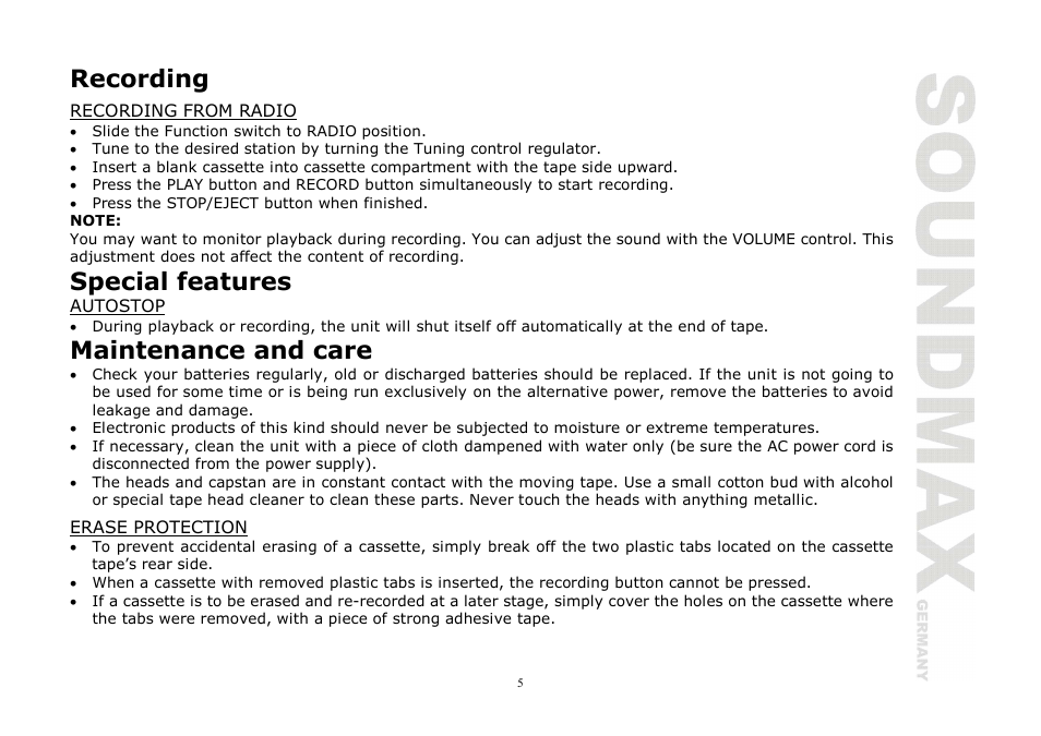 Recording, Special features, Maintenance and care | SoundMax SM-3111 User Manual | Page 5 / 11