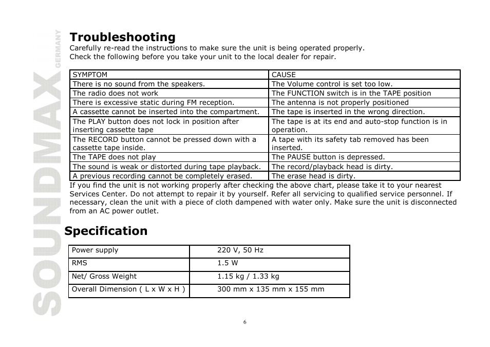 Troubleshooting, Specification | SoundMax SM-3111 User Manual | Page 6 / 11