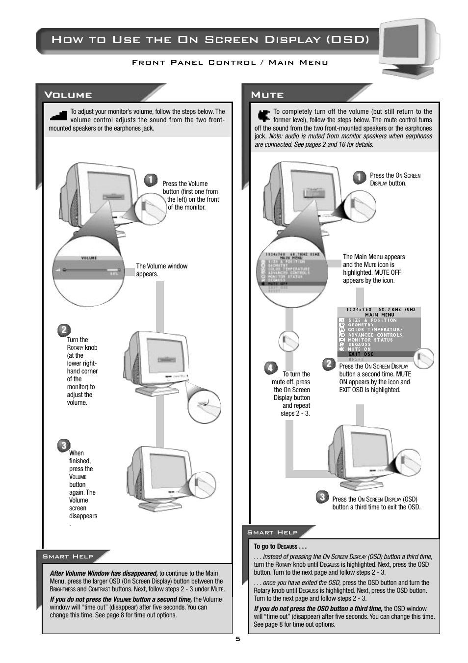 How to use the on screen display (osd), Vol ol ume ume, Mute | Philips 17B2302Q13 User Manual | Page 6 / 20