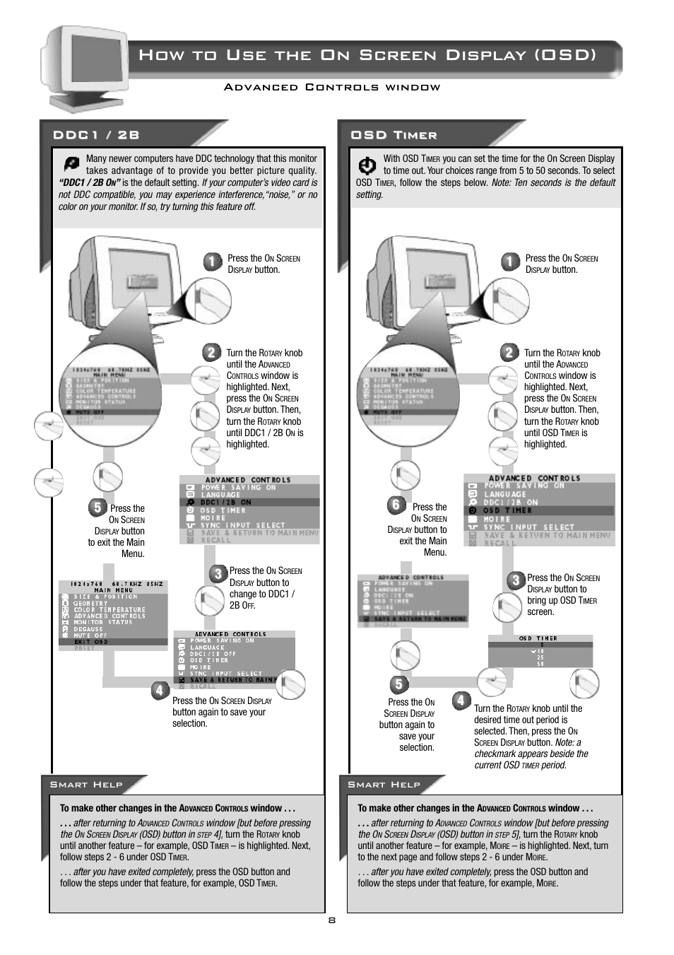 How to use the on screen display (osd), Ddc1 / 2b, Osd timer | Advanced controls window | Philips 17B2302Q13 User Manual | Page 9 / 20