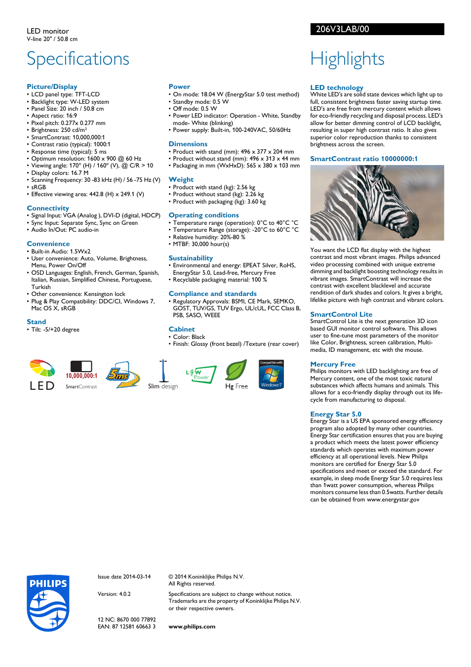 Specifications, Highlights | Philips 206V3LAB-00 User Manual | Page 2 / 2