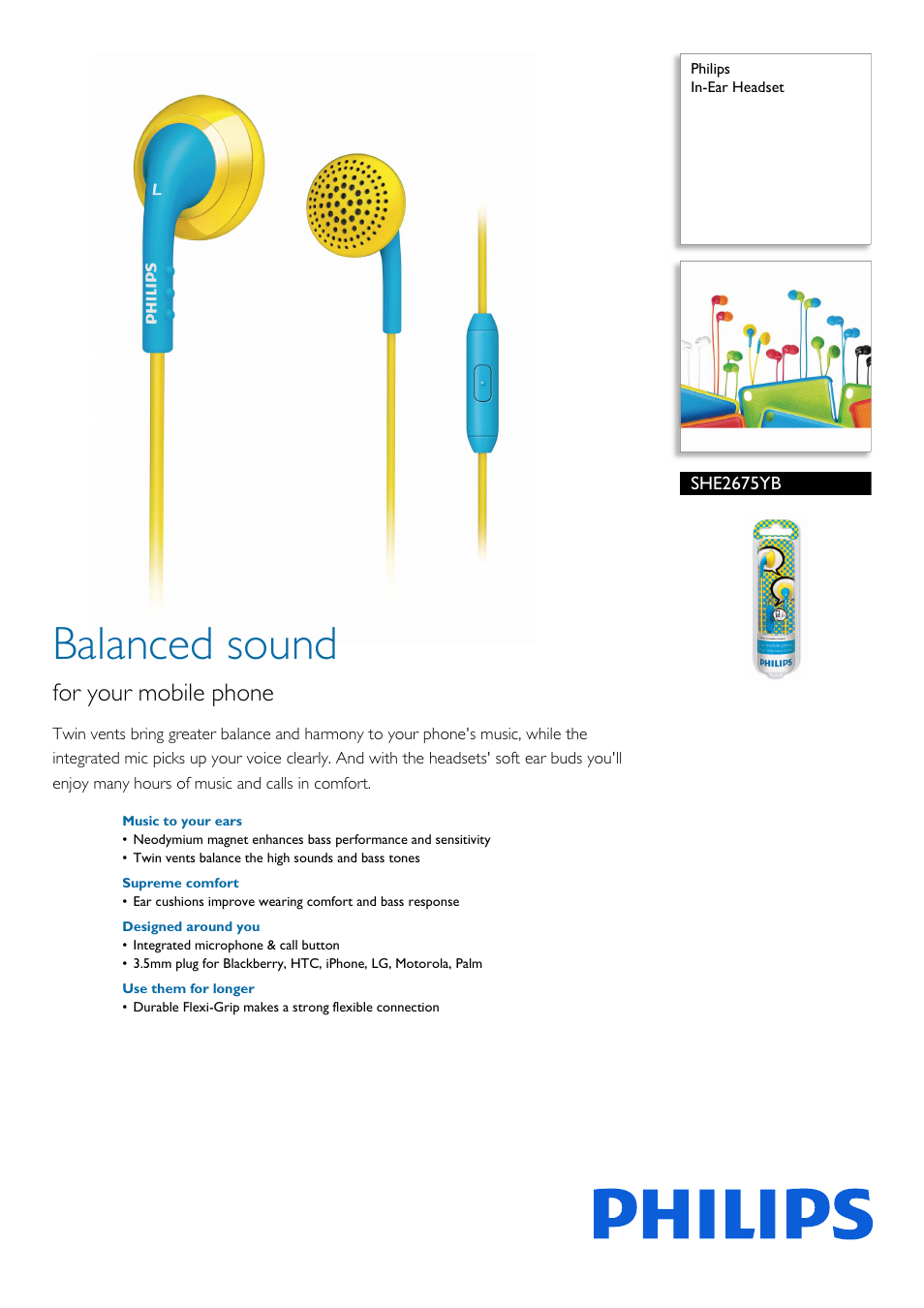 Philips SHE2675YB-28 User Manual | 2 pages